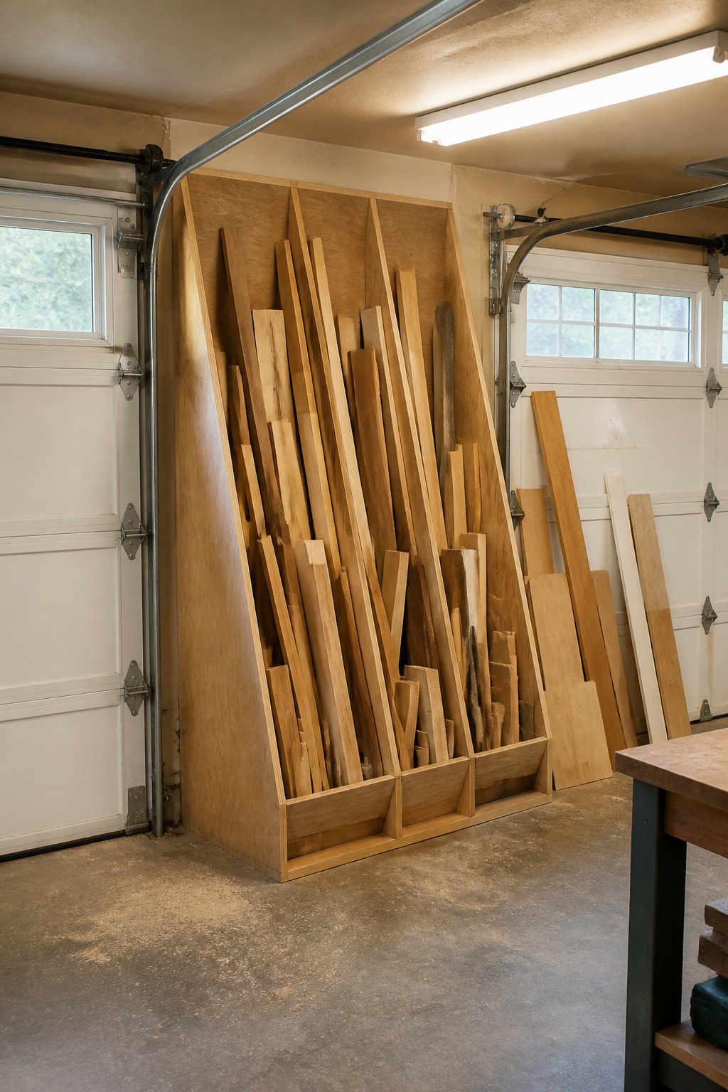 An angled rack holding neatly sorted scrap wood pieces in a garage.