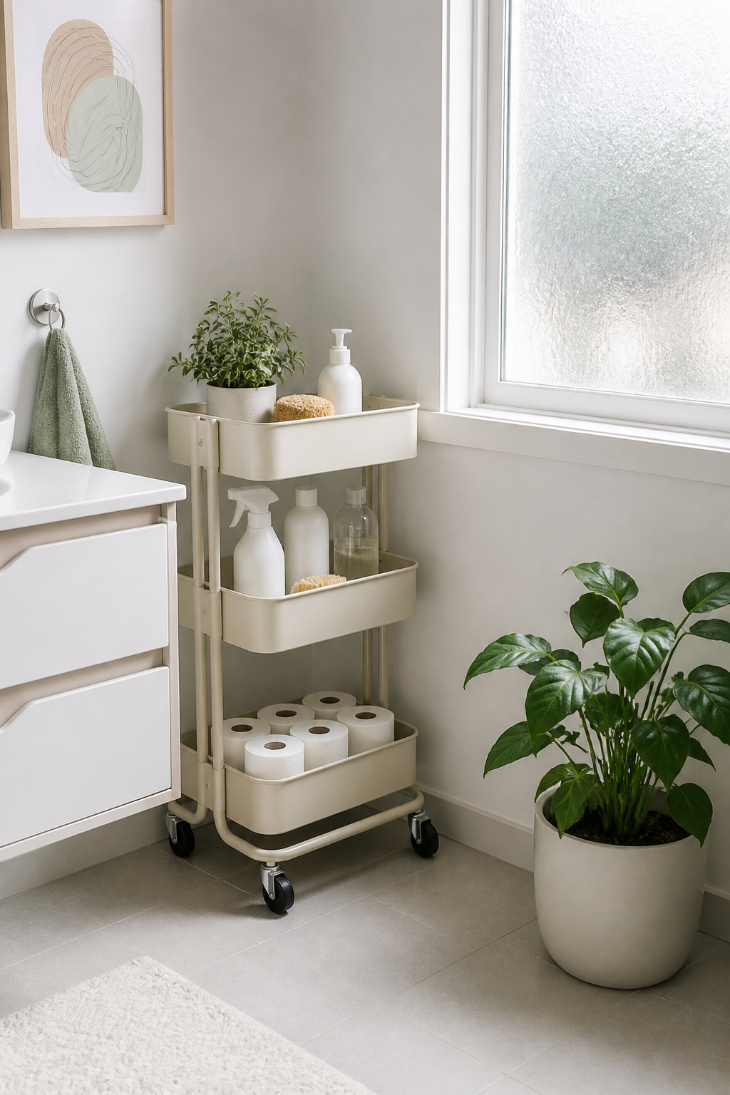 A rolling storage cart in a bathroom containing cleaning supplies.