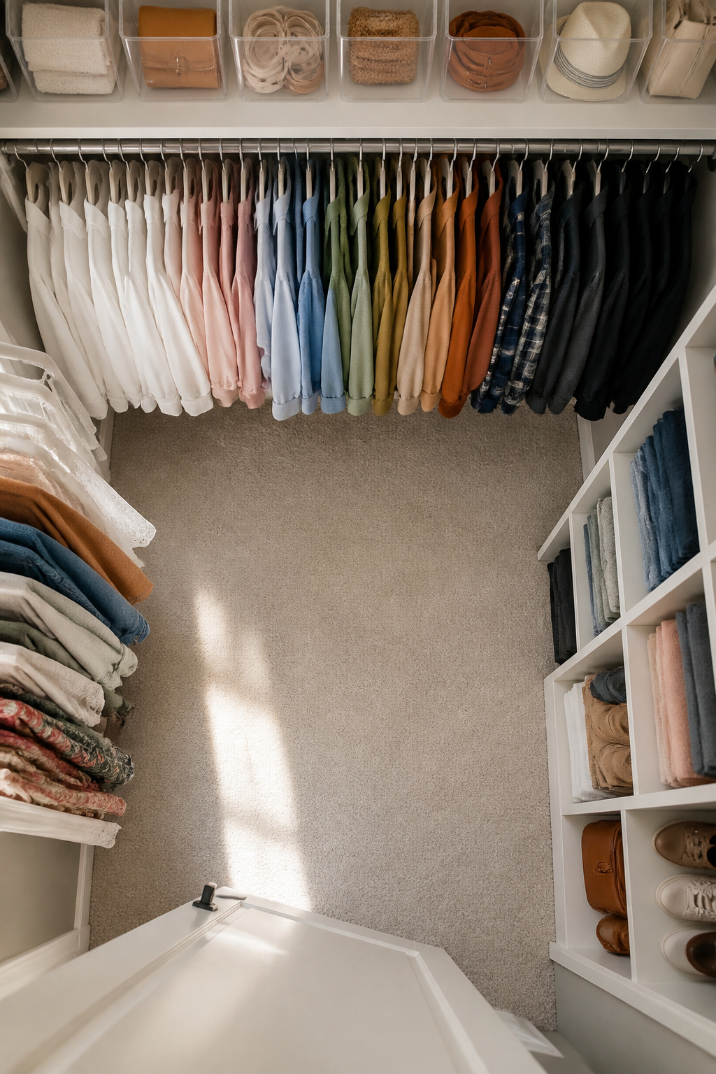 10 Small Walk-In Closet Ideas for Better Storage in 2026 8 Shirts arranged by color on hangers in a small walk-in closet.