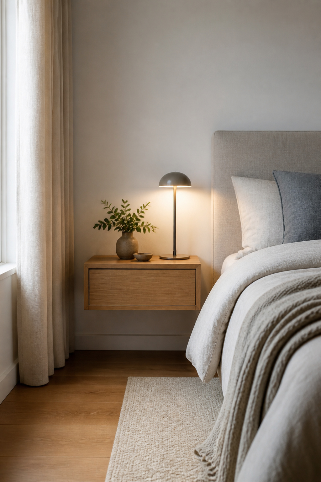 A wall-mounted nightstand and desk with open space underneath.