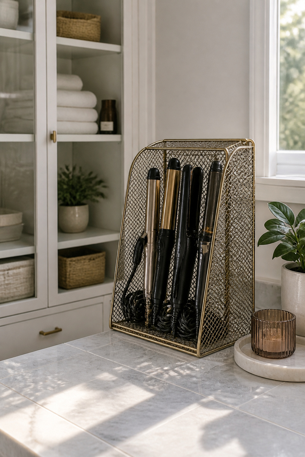 A wire magazine holder turned on its back holding hair tools on a counter.