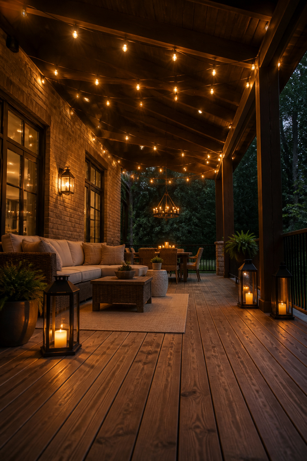 13 Large Back Porch Ideas That Use What You Already Have 8 String lights illuminating a back porch during the evening.