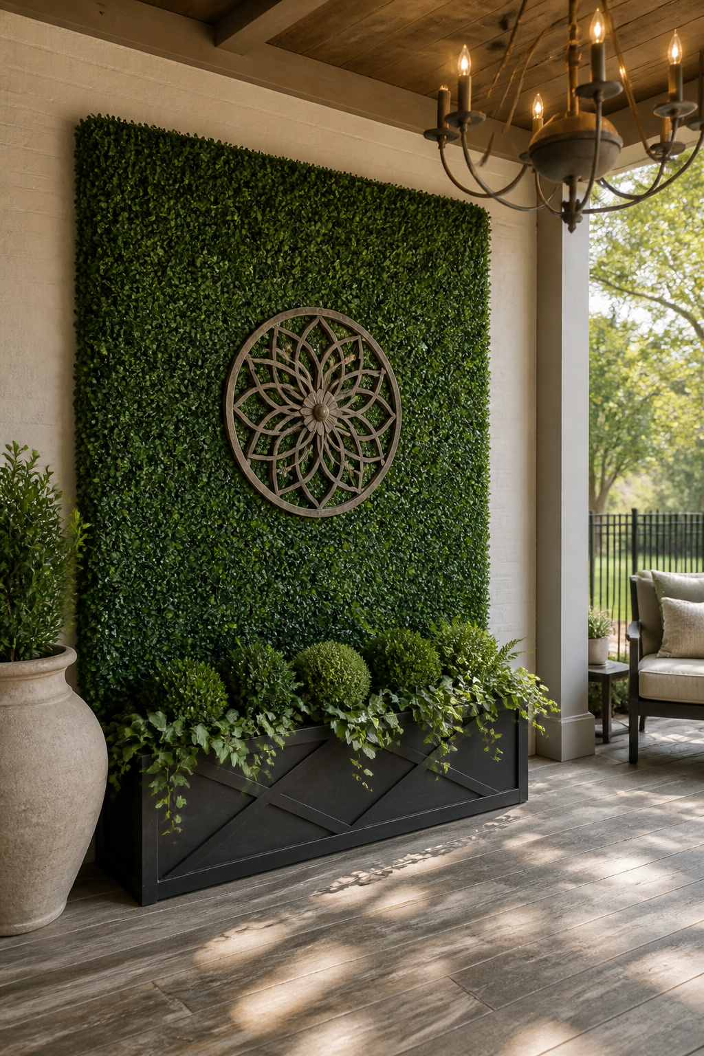 13 Large Back Porch Ideas That Use What You Already Have 9 Faux boxwood panels on a wall of a back porch.