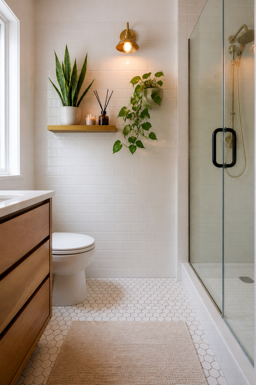 Various plants positioned in a small bathroom environment.