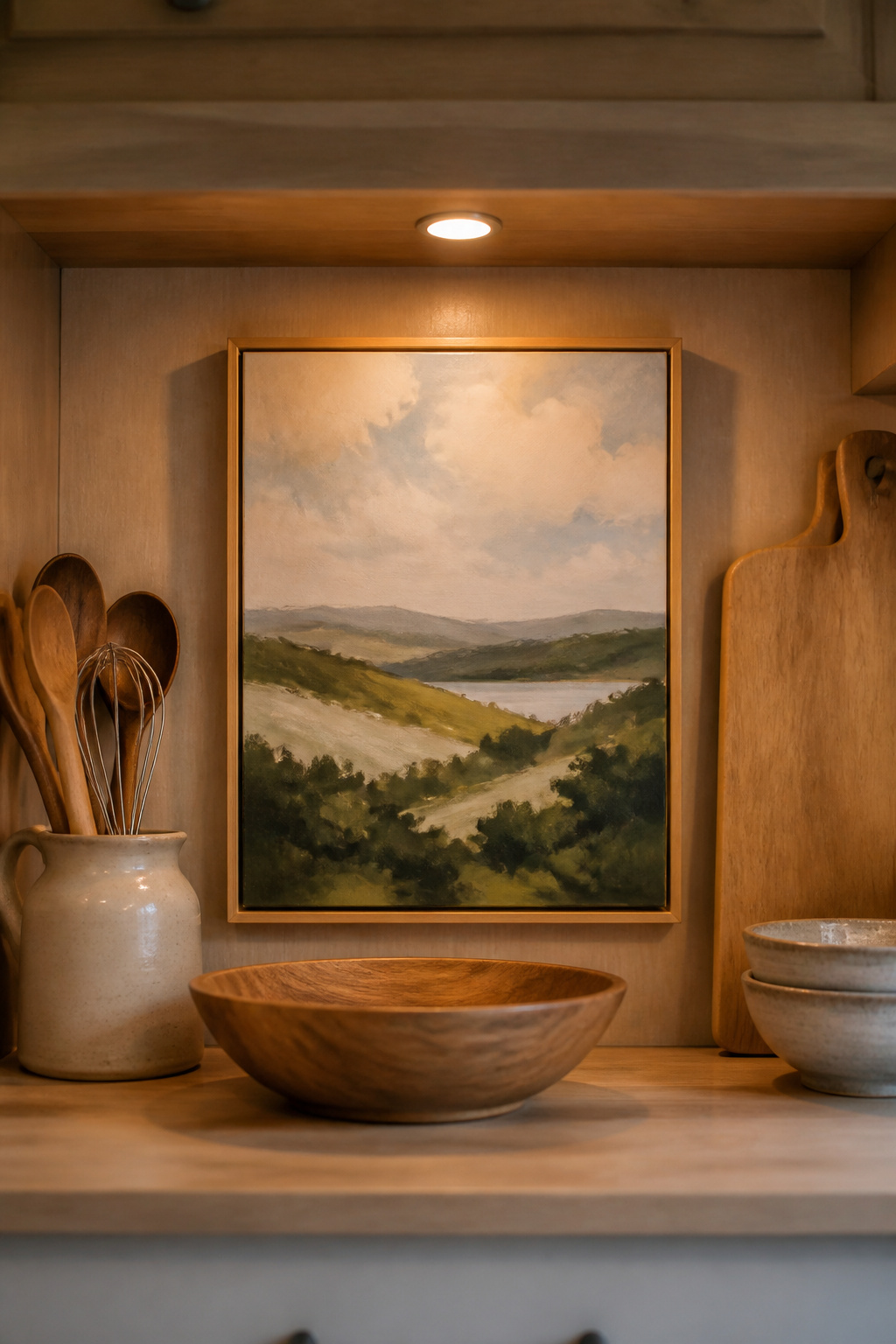 Framed artwork hung inside a kitchen cabinet.
