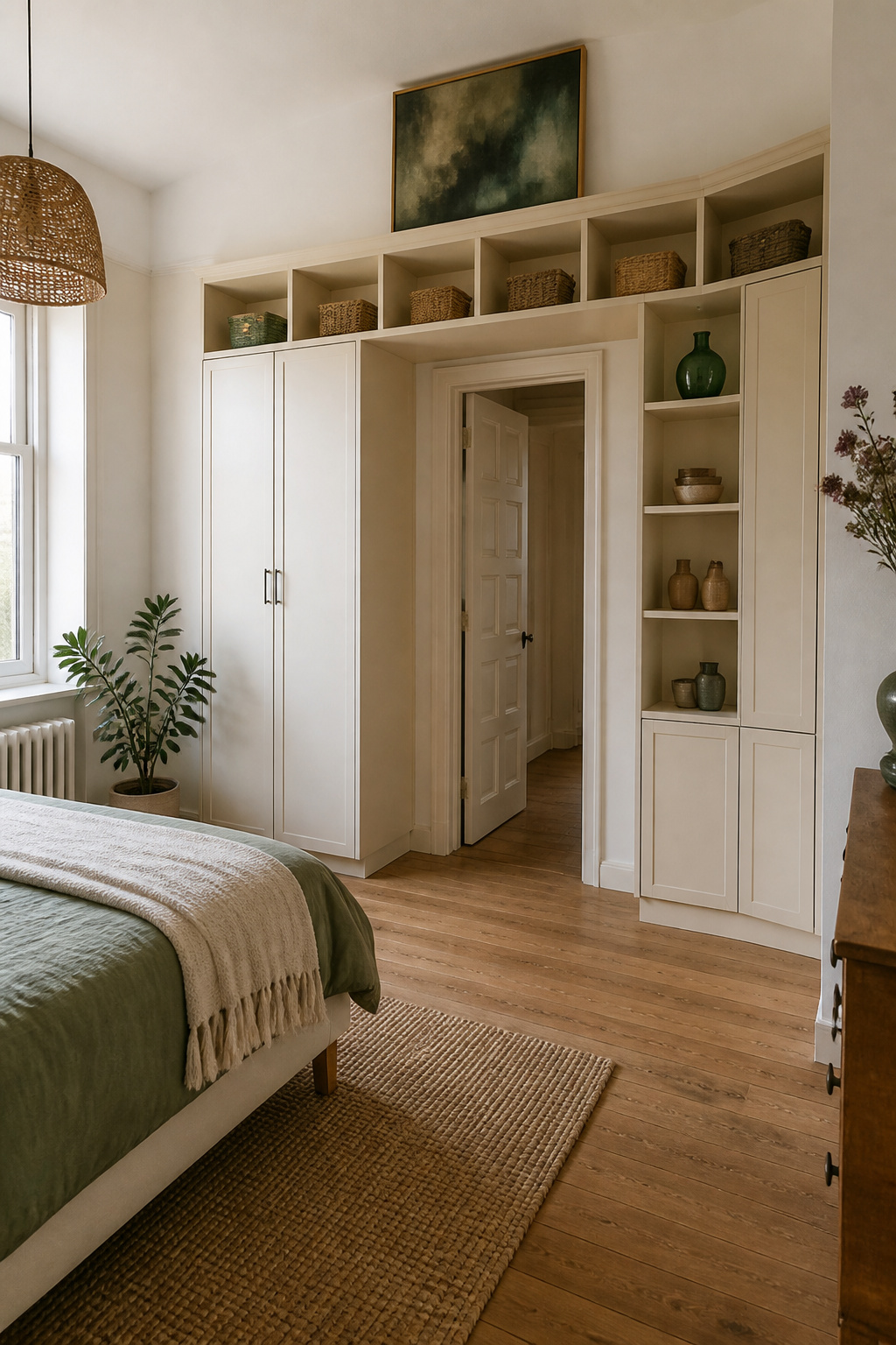 Wardrobe storage wrapping around a doorway for efficient use.