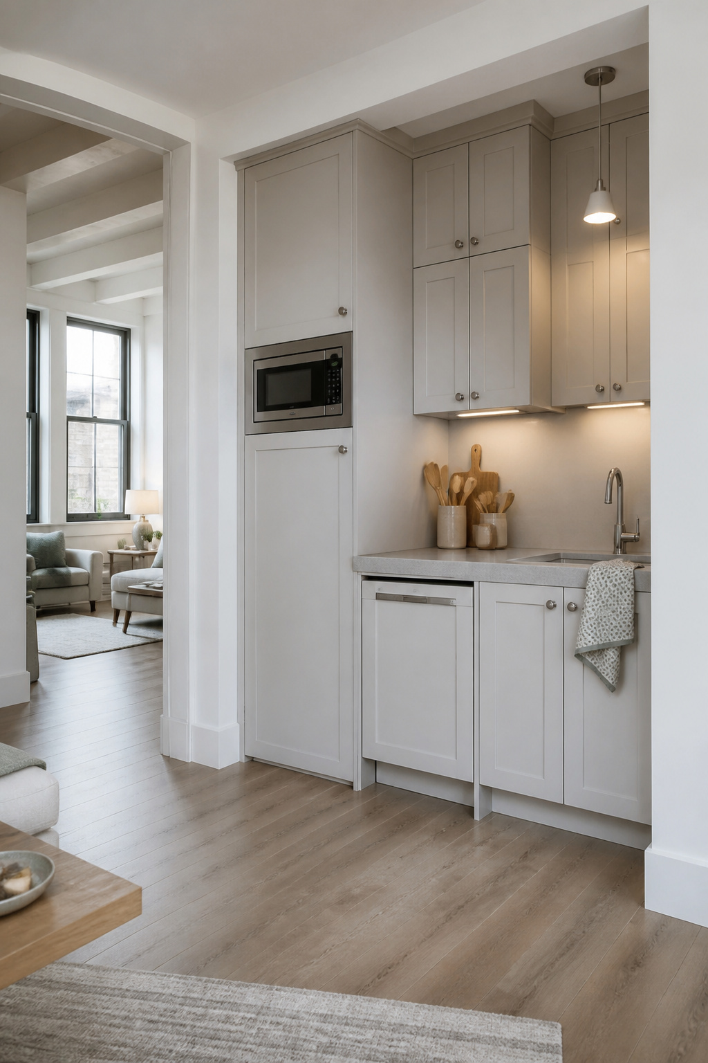 10 Small Kitchen Cabinet Ideas That Maximize Every Inch (2026) 9 A microwave integrated into cabinetry to save counter space.