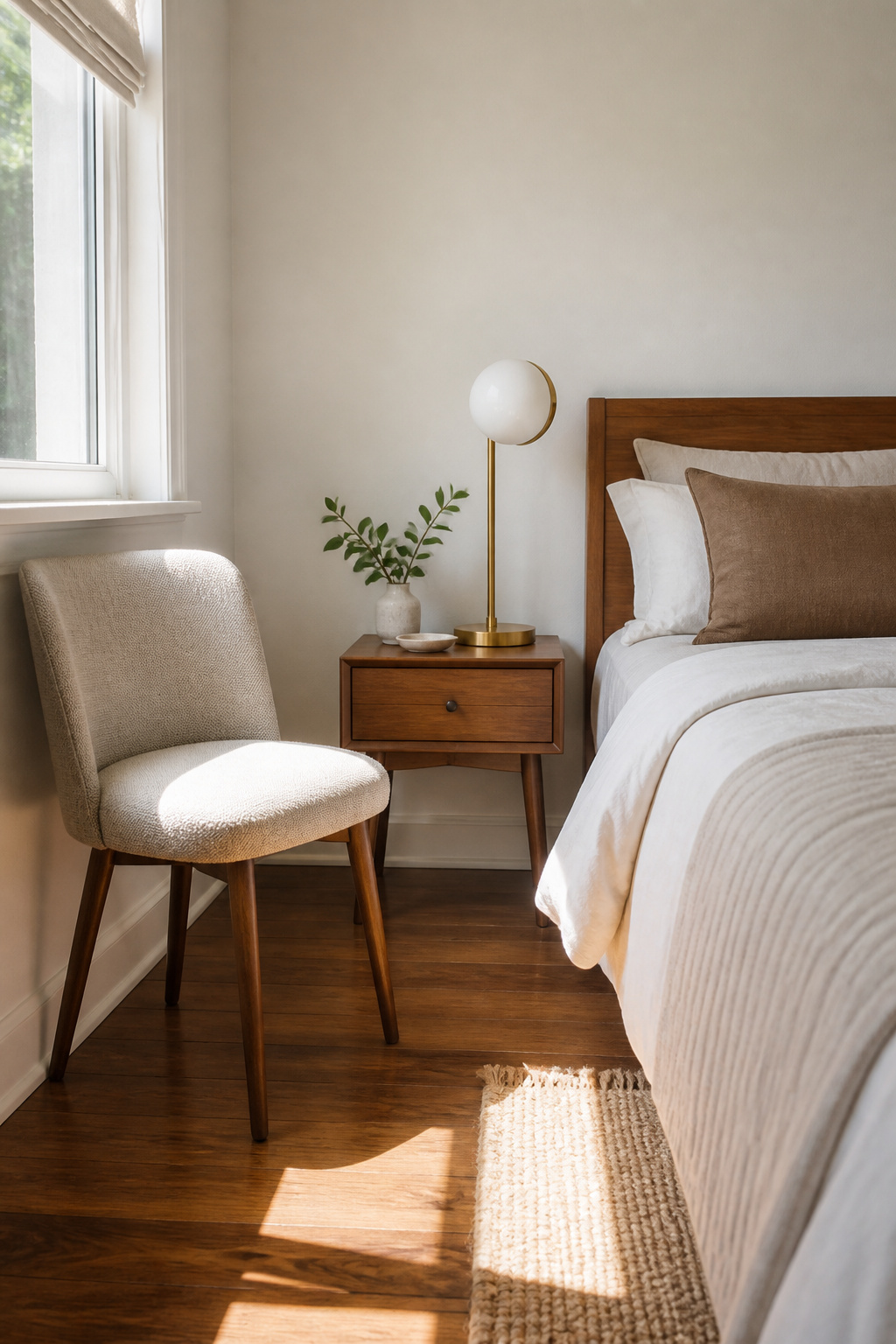 A narrow-legged chair and minimalist bedside table in a small room.