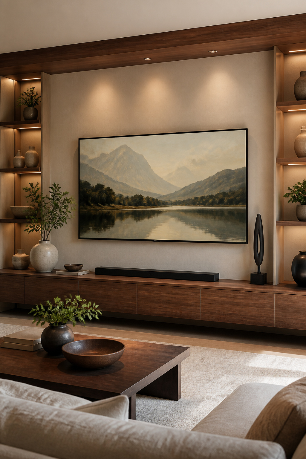 Living room with a Samsung Frame TV showcasing artwork.