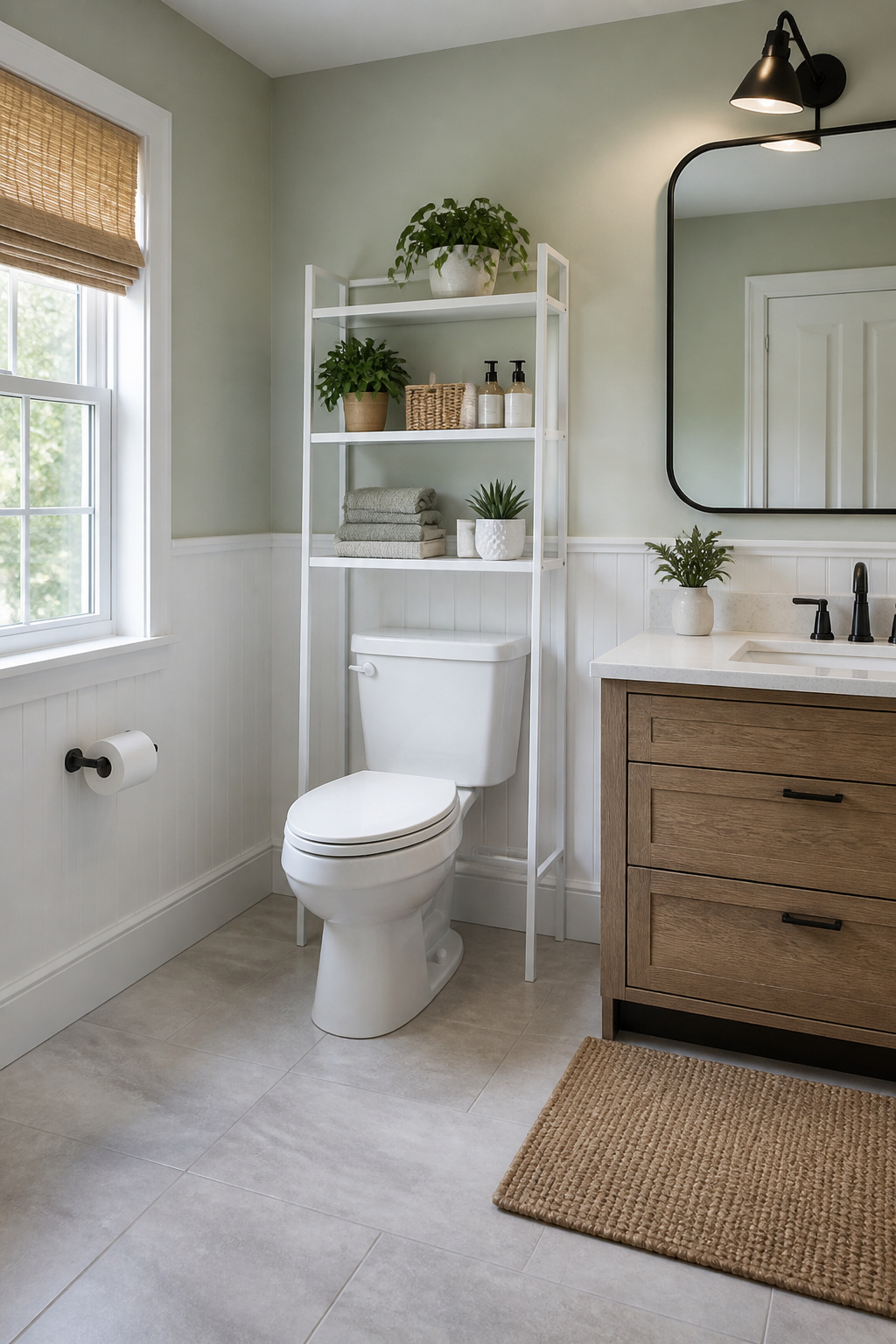 A freestanding over-toilet unit with shelves for storage.