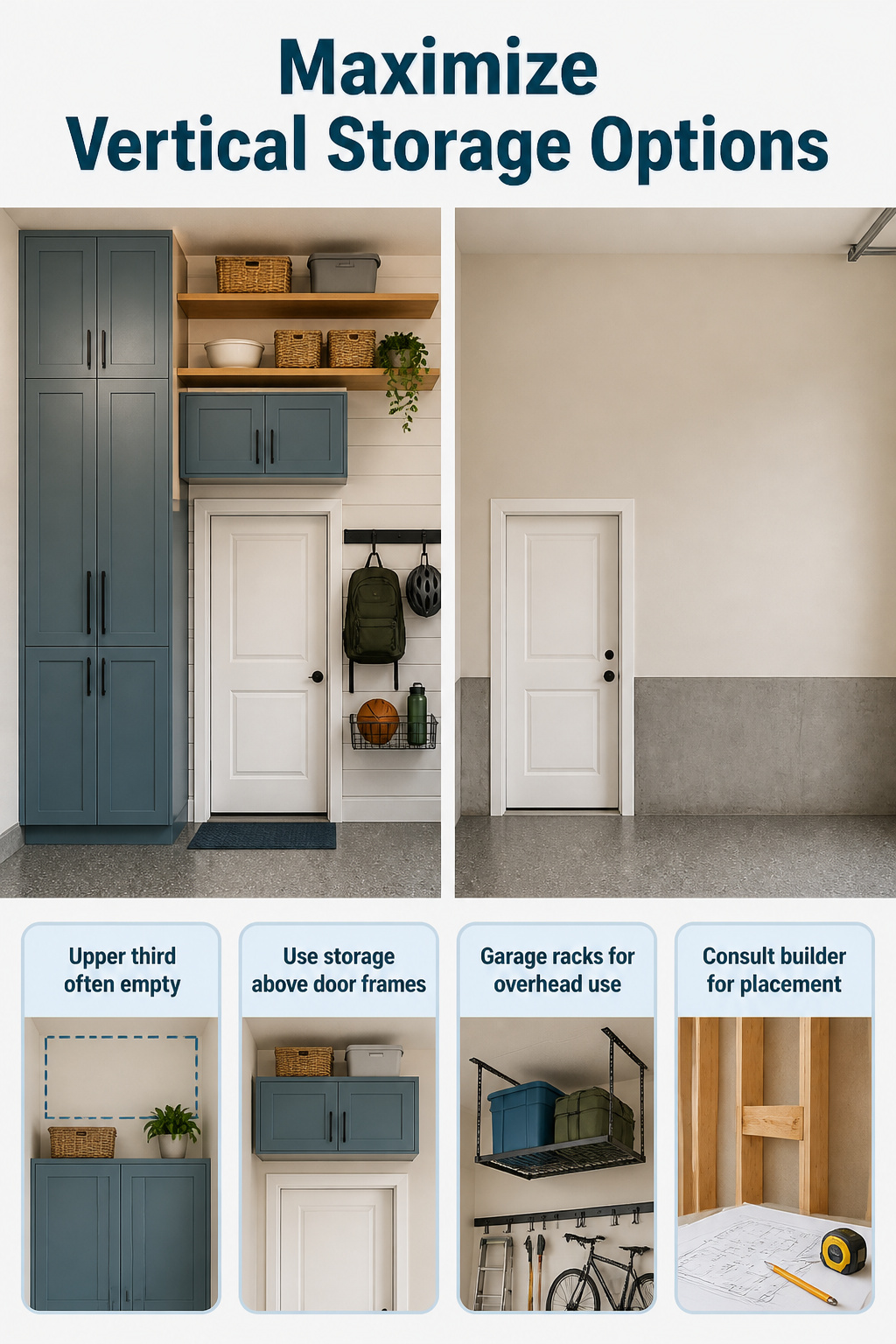 Tall cabinets and shelves installed high on the wall for storage.