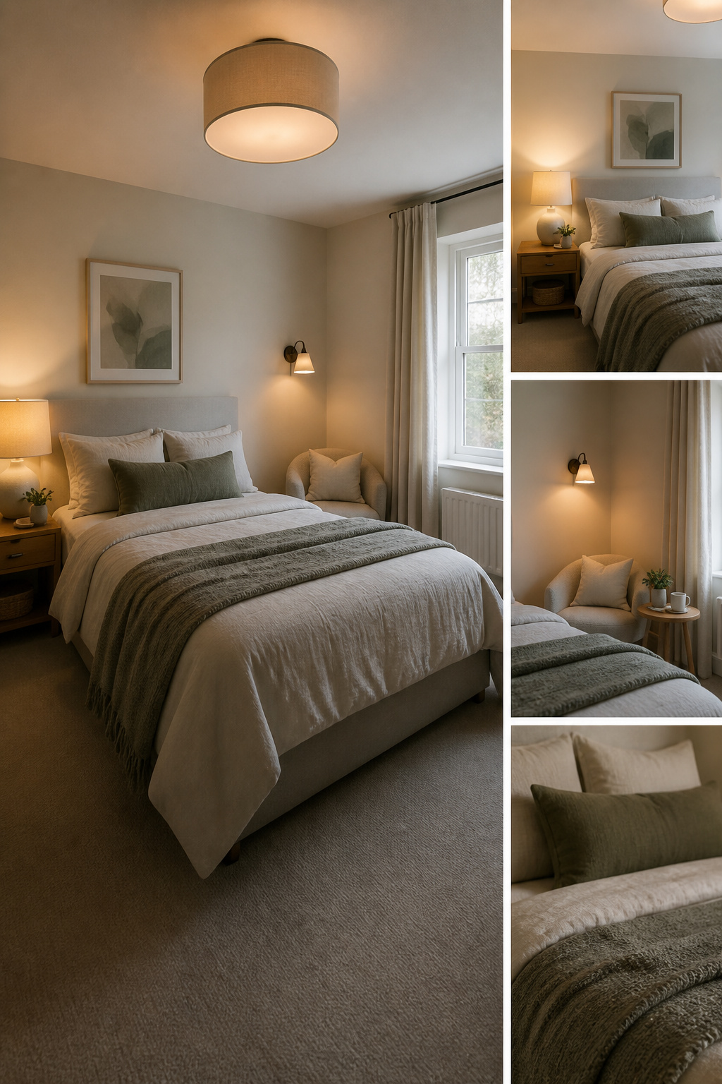 A bedroom with multiple light sources, including a wall sconce.