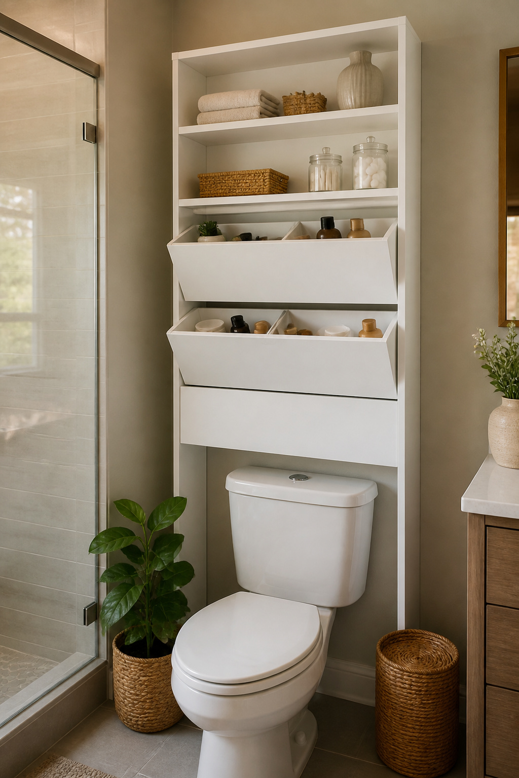 A white over-the-toilet cabinet with bins for toiletries.