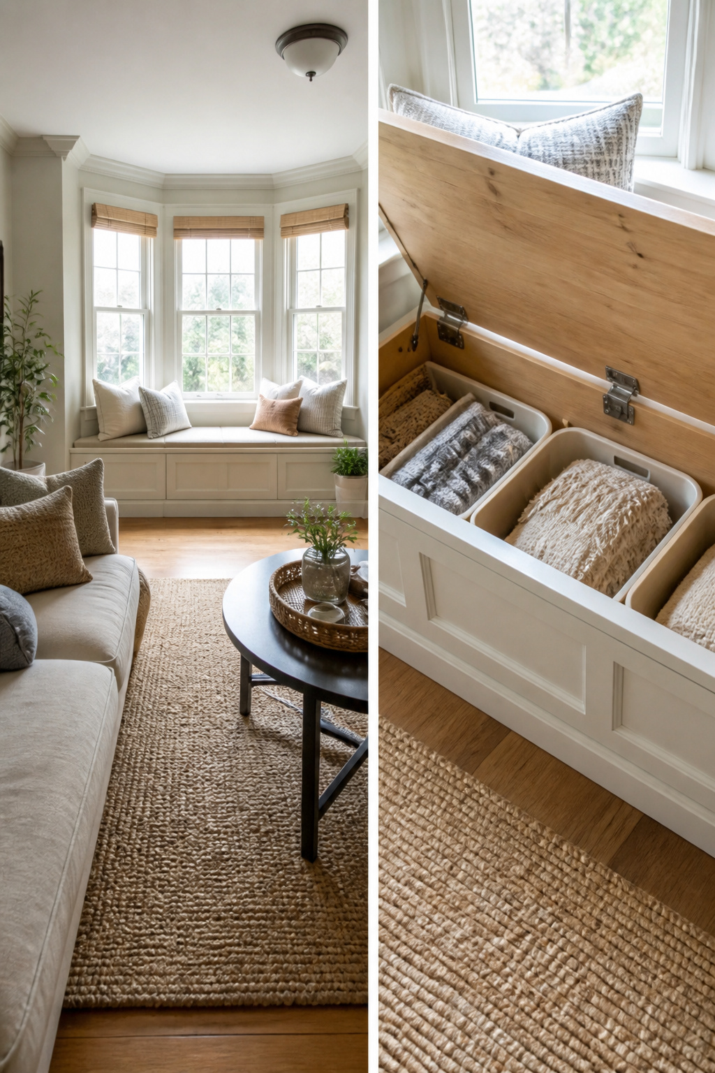 A window seat with a hinged lid revealing storage bins inside.