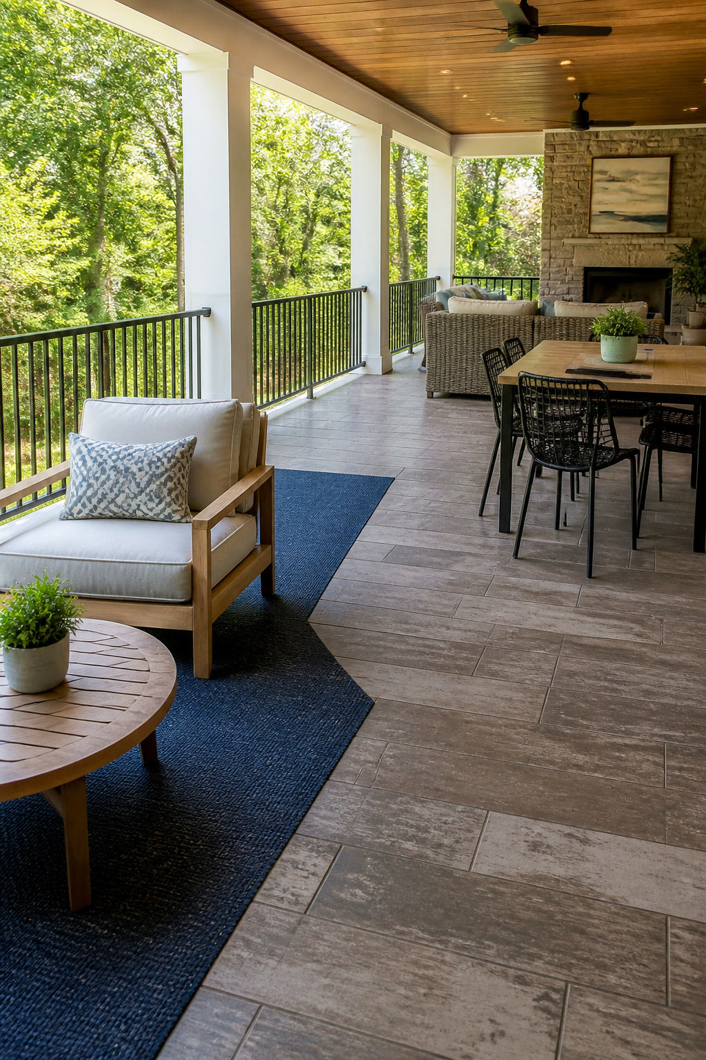 13 Large Back Porch Ideas That Use What You Already Have 10 Updated flooring with concrete planks and outdoor carpet tiles on a porch.