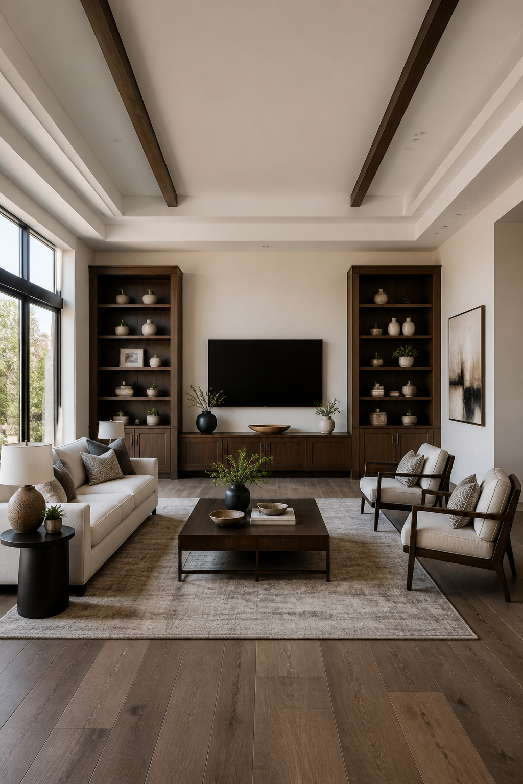 Symmetrical living room layout centered around a TV.