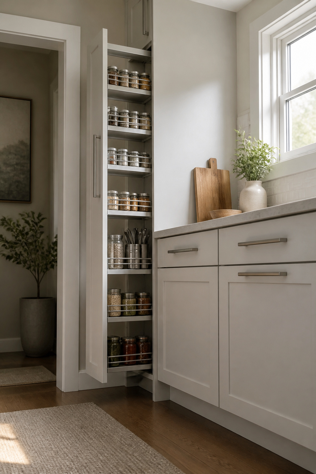 10 Small Kitchen Cabinet Ideas That Maximize Every Inch (2026) 10 A tall pull-out pantry cabinet in a small kitchen.