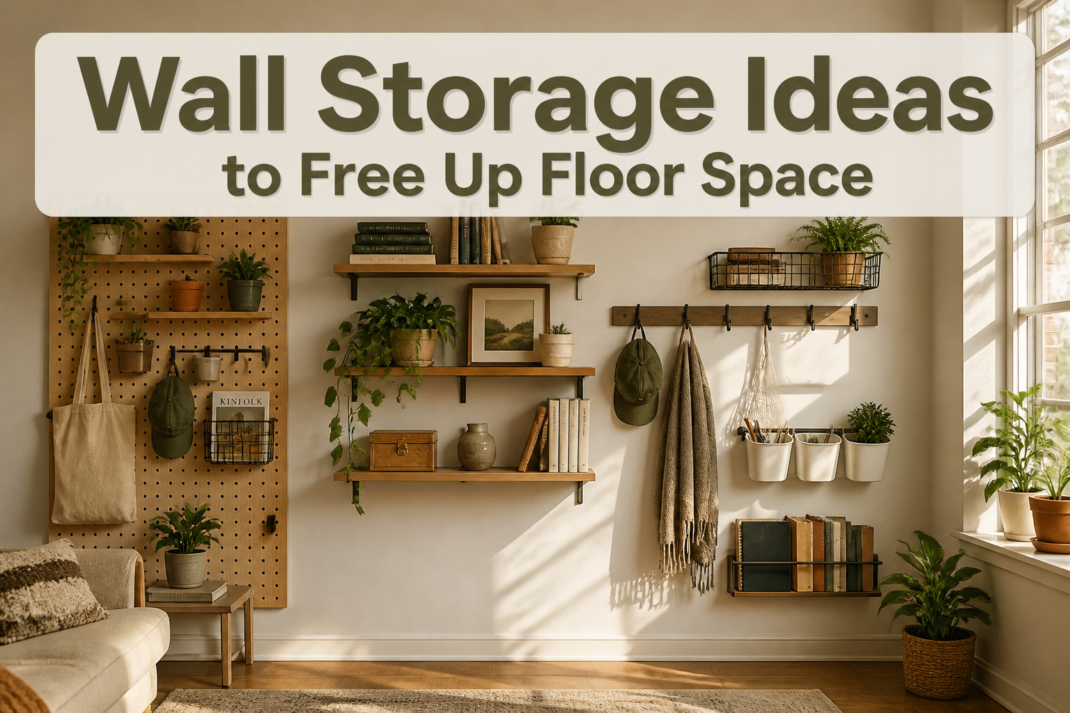 A collage of different wall storage solutions for home interiors.
