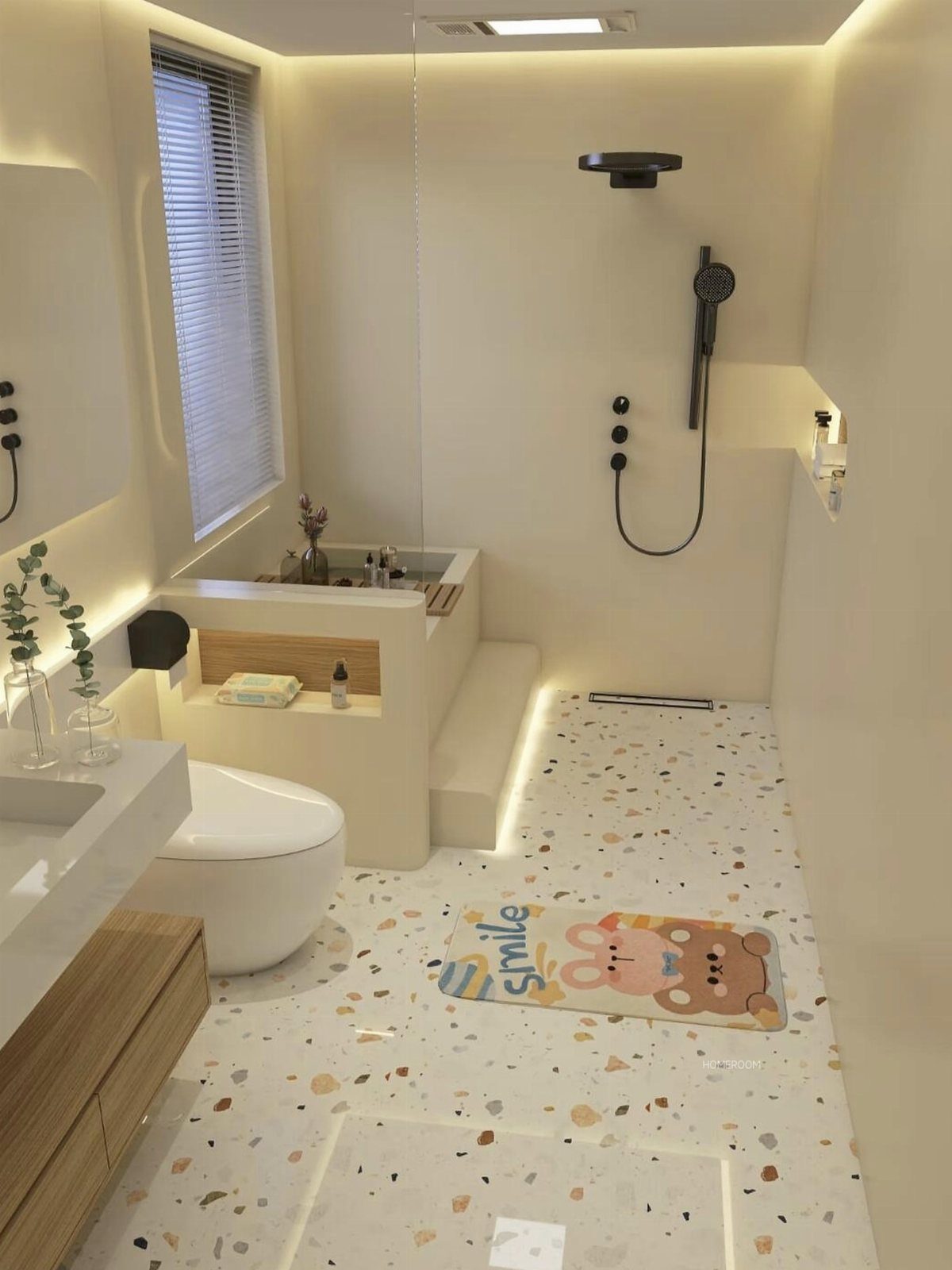 Modern bathroom featuring white terrazzo flooring with colorful chips and a minimalist shower area.
