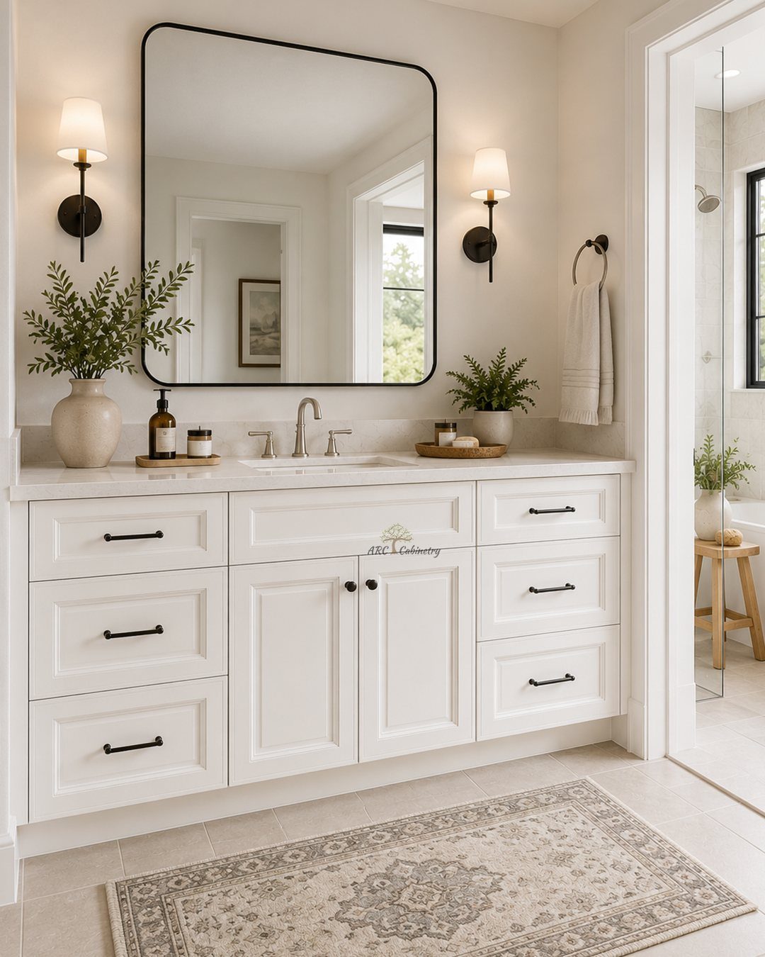 White bathroom vanity with black hardware, large black-framed mirror, and neutral patterned rug.