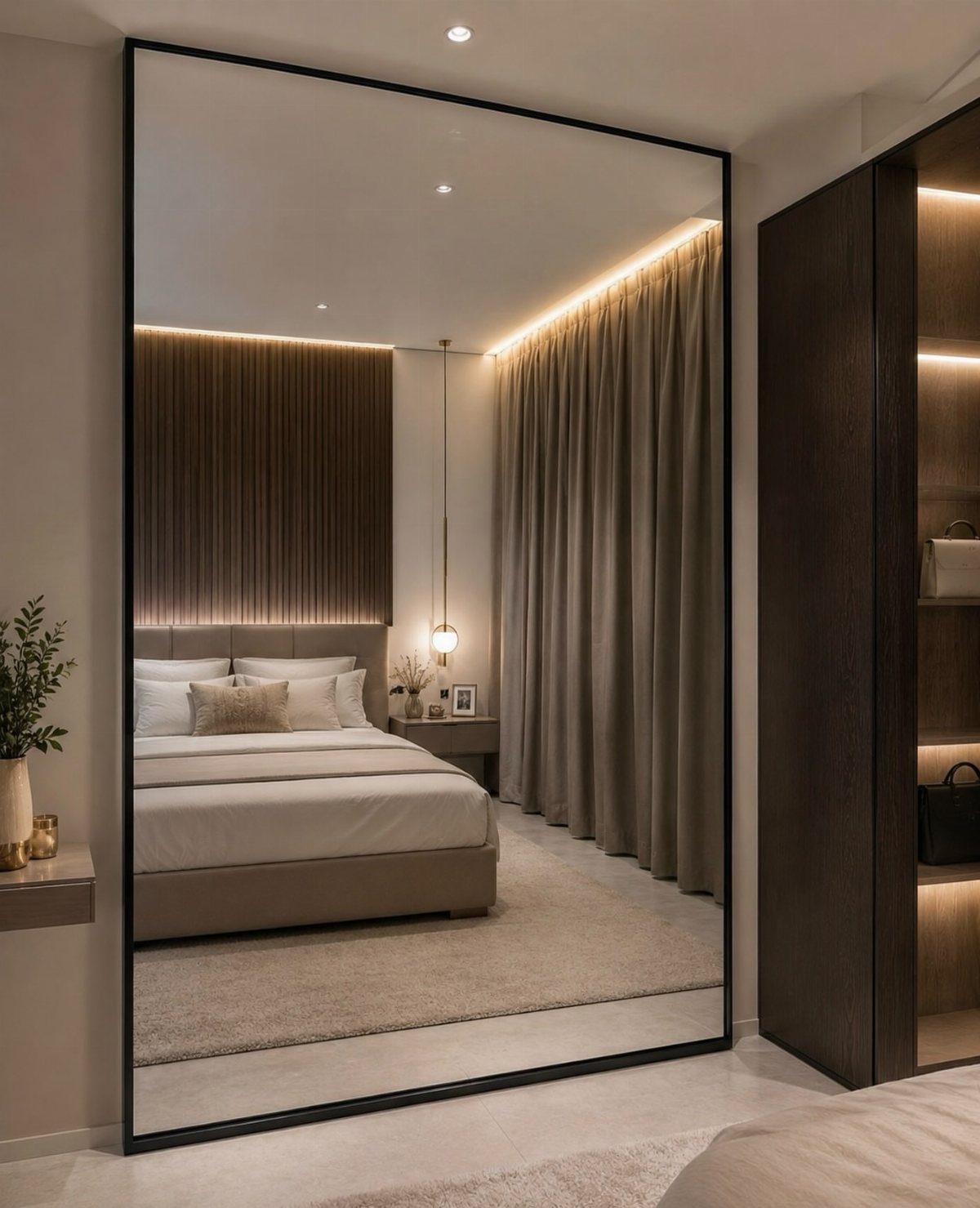 10 Bedroom Mirror Ideas with Full-Length Styles 10 Full length black framed mirror reflecting a modern neutral toned bedroom interior