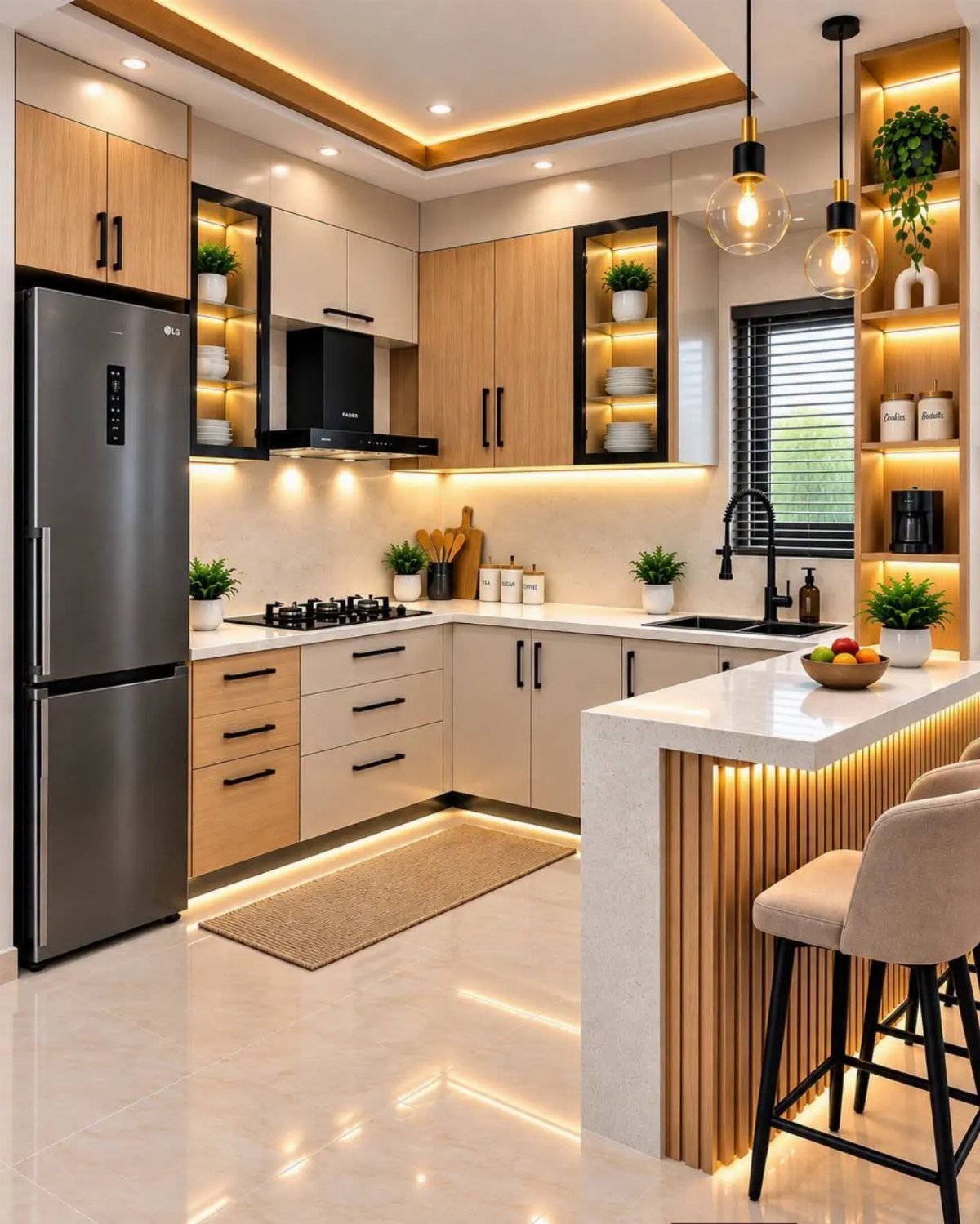 Modern kitchen with light wood cabinets, white countertops, and warm under-cabinet lighting.