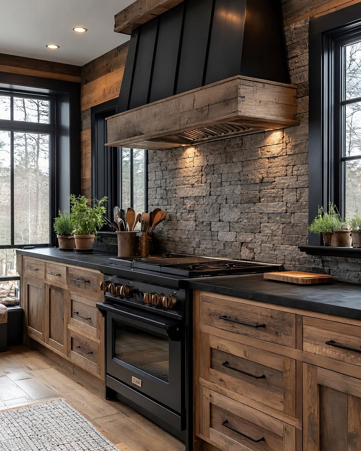 Black professional stove and oven in a rustic kitchen with stone walls.
