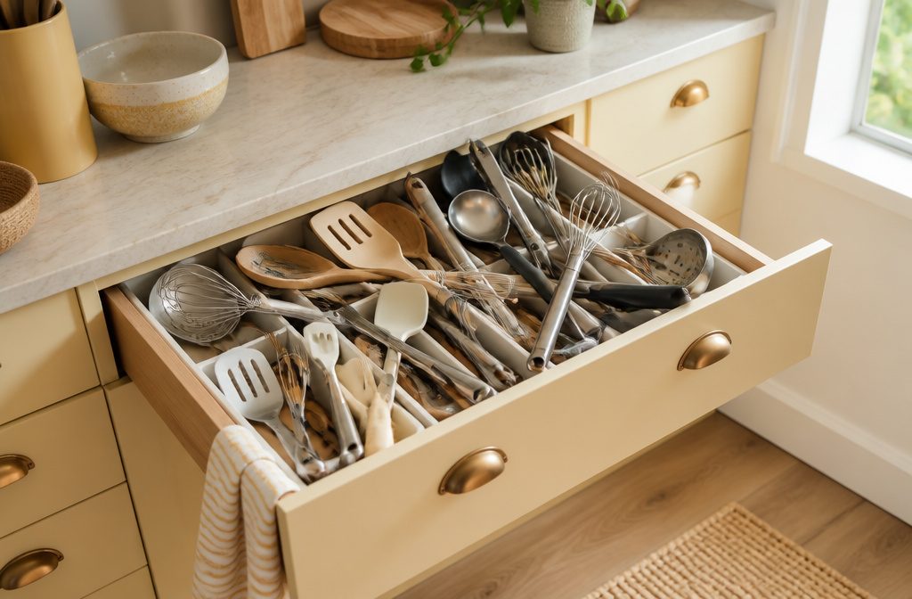 Overfilled kitchen drawer packed with tangled spatulas, spoons, and cooking tools