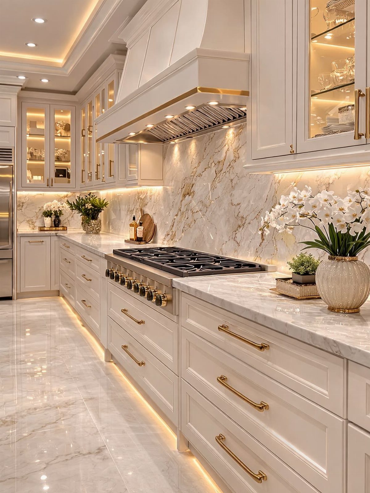 Modern white kitchen with marble countertops, gold accents, and warm under-cabinet lighting.