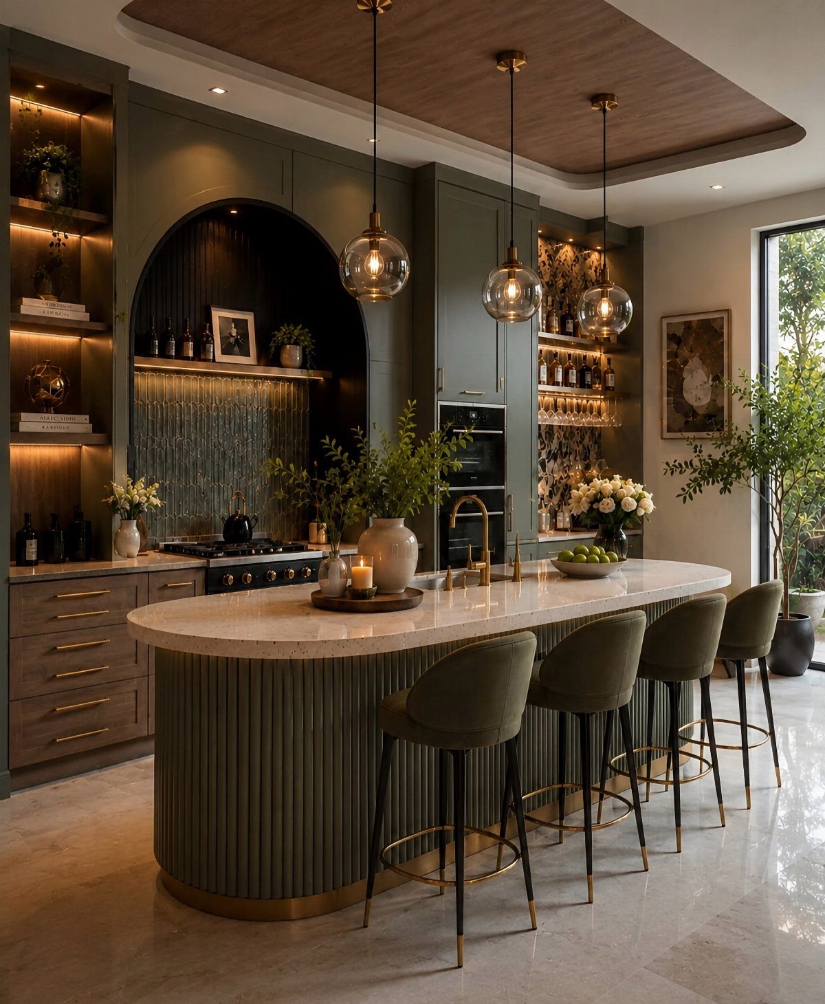 Curved olive green kitchen island with white marble top and four velvet bar stools.