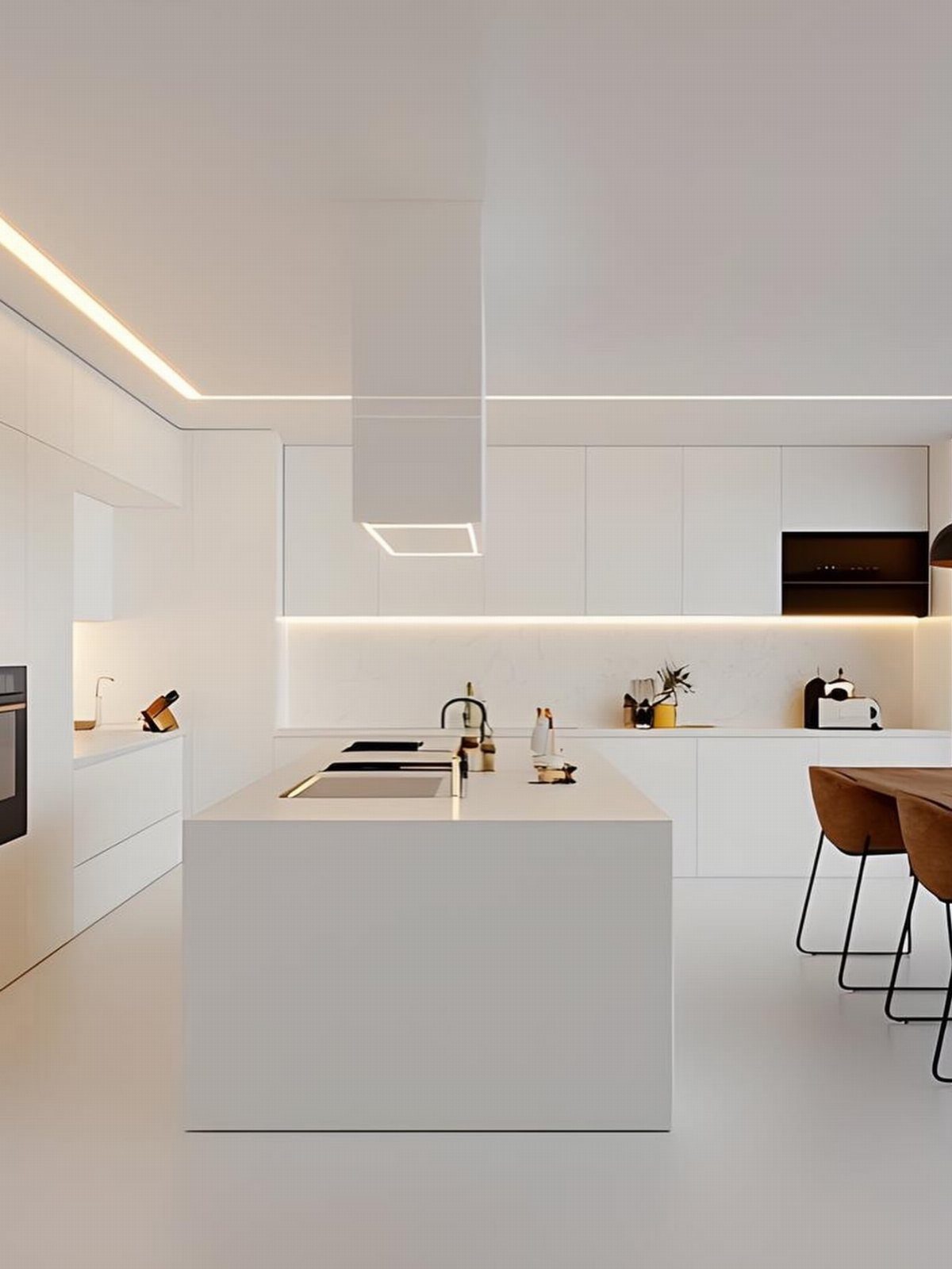 Modern minimalist white kitchen with a large island and brown leather bar stools.