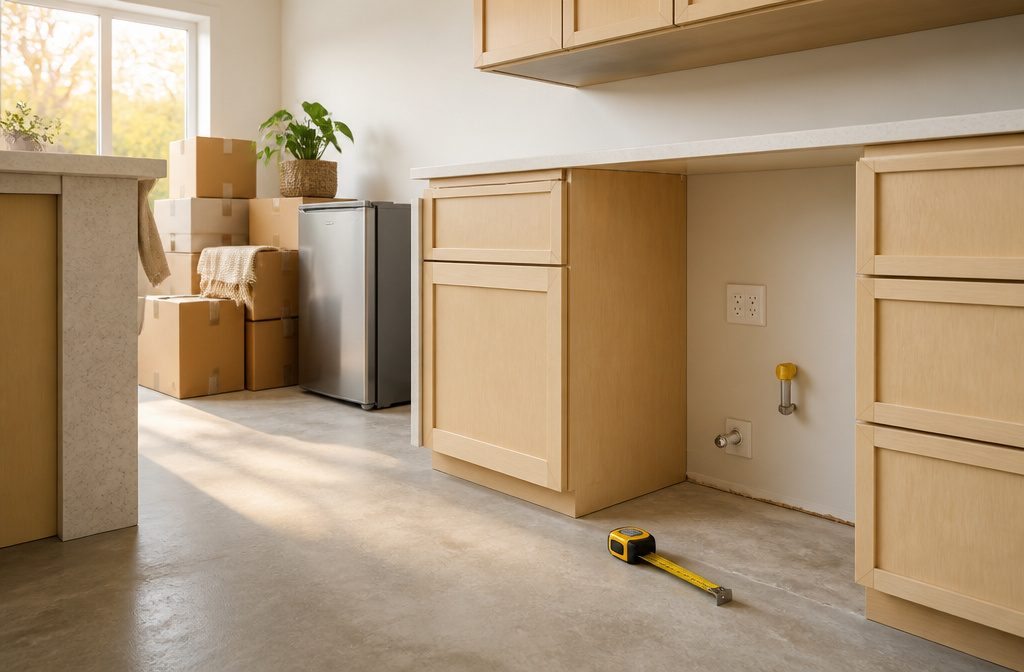 Late-afternoon kitchen with pale cabinets, a broad island, and new appliances