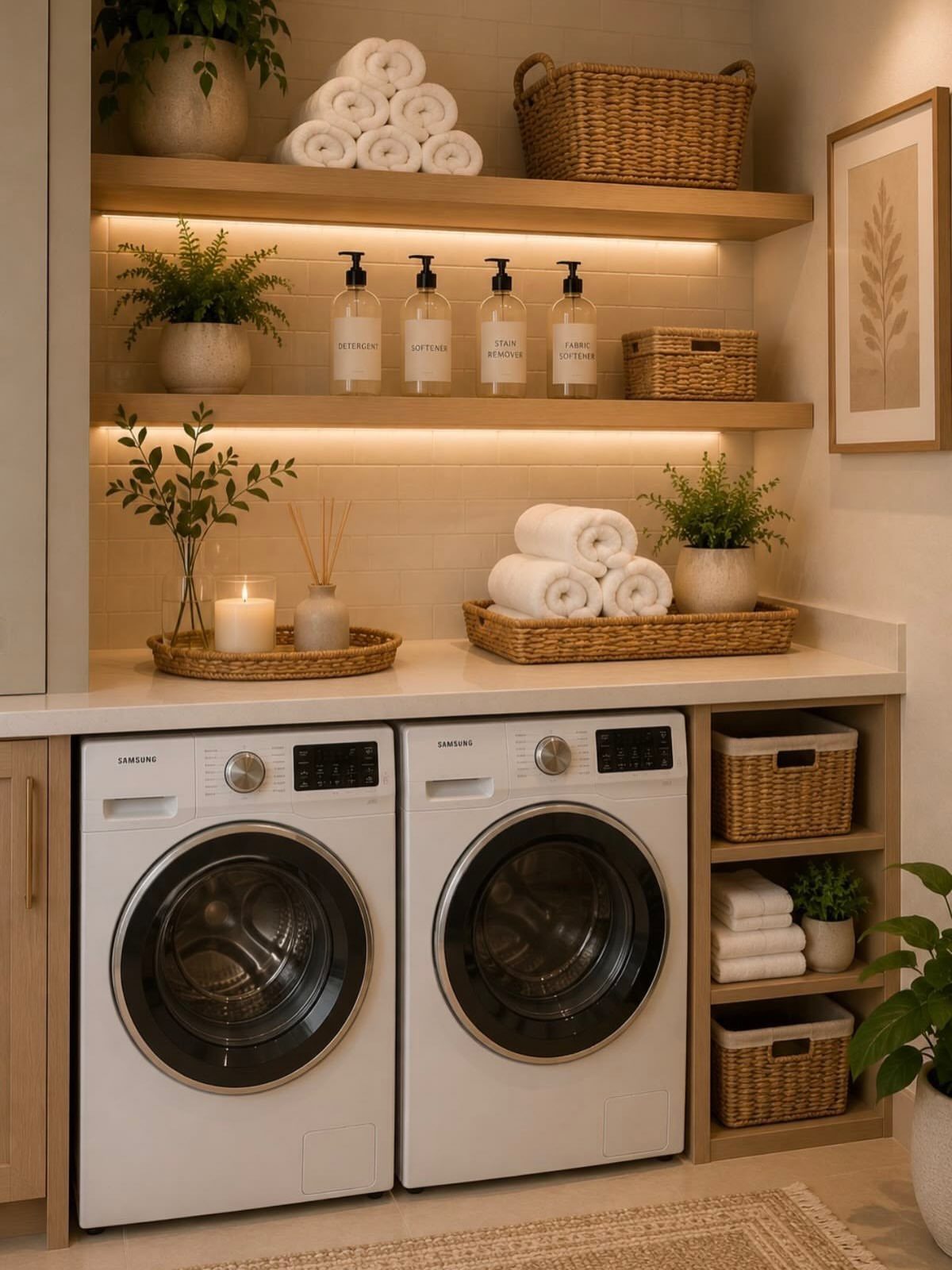 Laundry room with white washing machines and wooden shelves holding towels and baskets