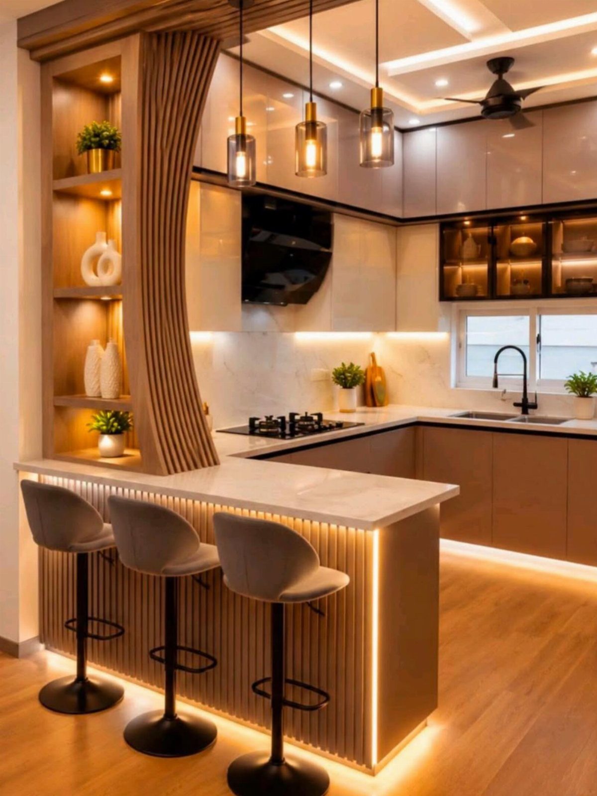 Breakfast bar with grey stools in a modern U-shaped kitchen with warm lighting.