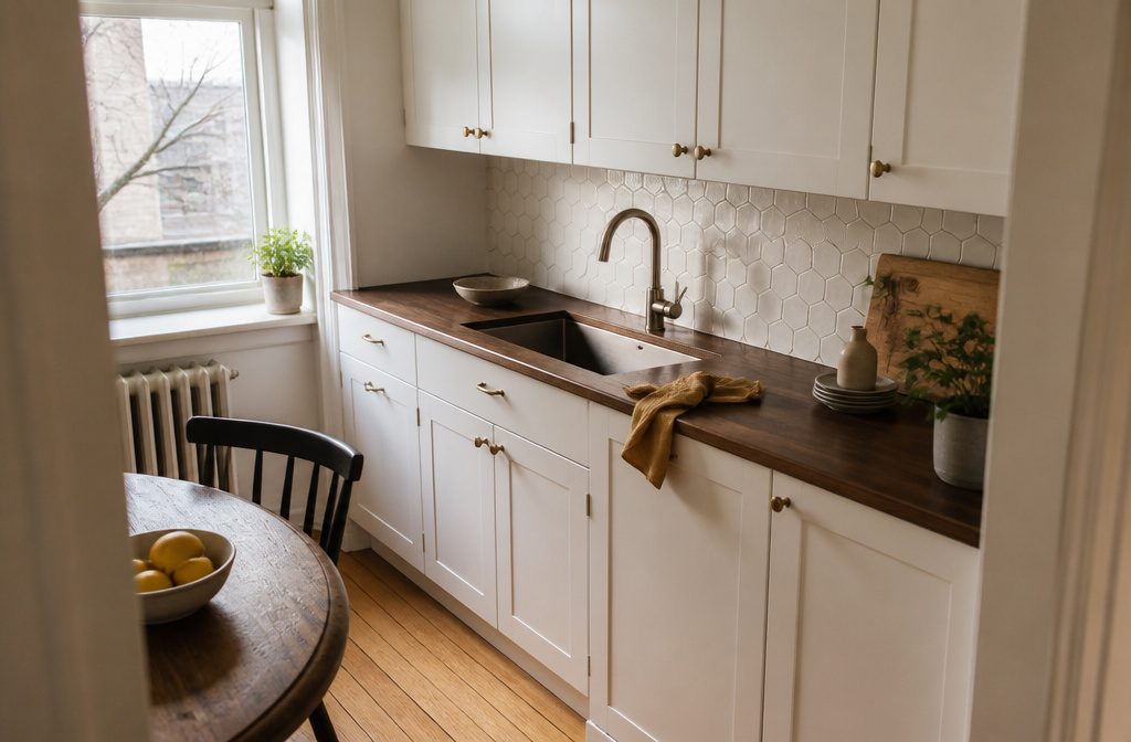 White backsplash between kitchen cabinets and countertop with simple hardware